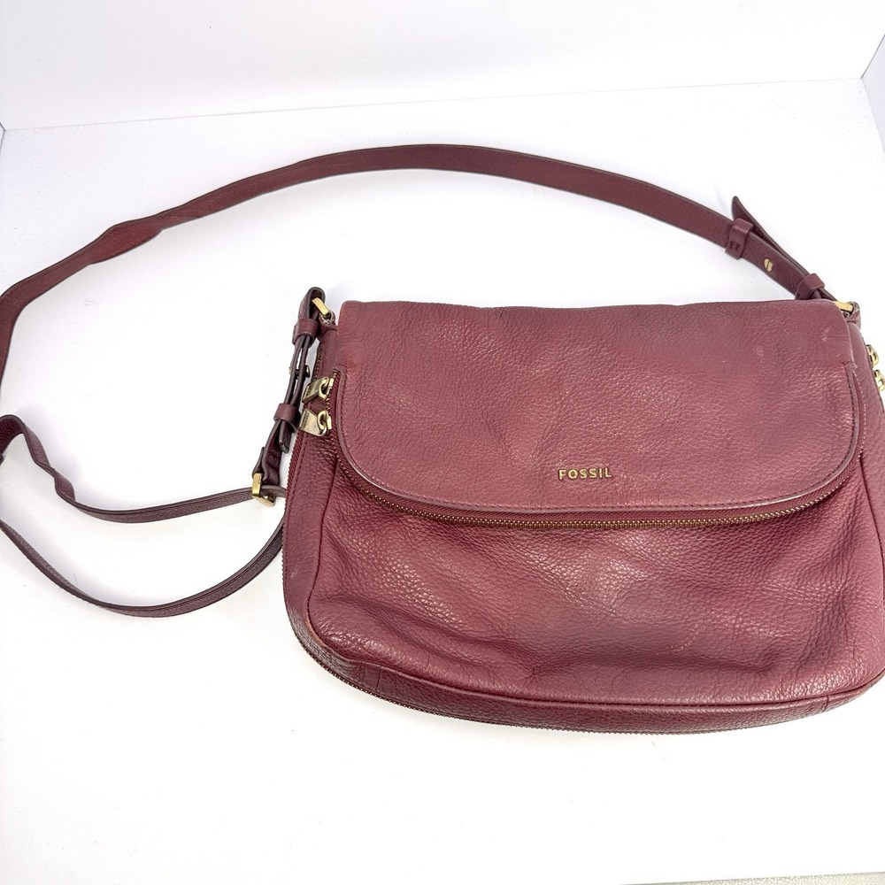 Fossil Preston Maroon Leather‎ Flap Messenger Crossbody Purse Gold Hardware